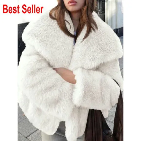 Faux Fur Coat Oversized Lapel Shaggy Winter Jacket Chic Fuzzy Outerwear - Picture 6 of 7